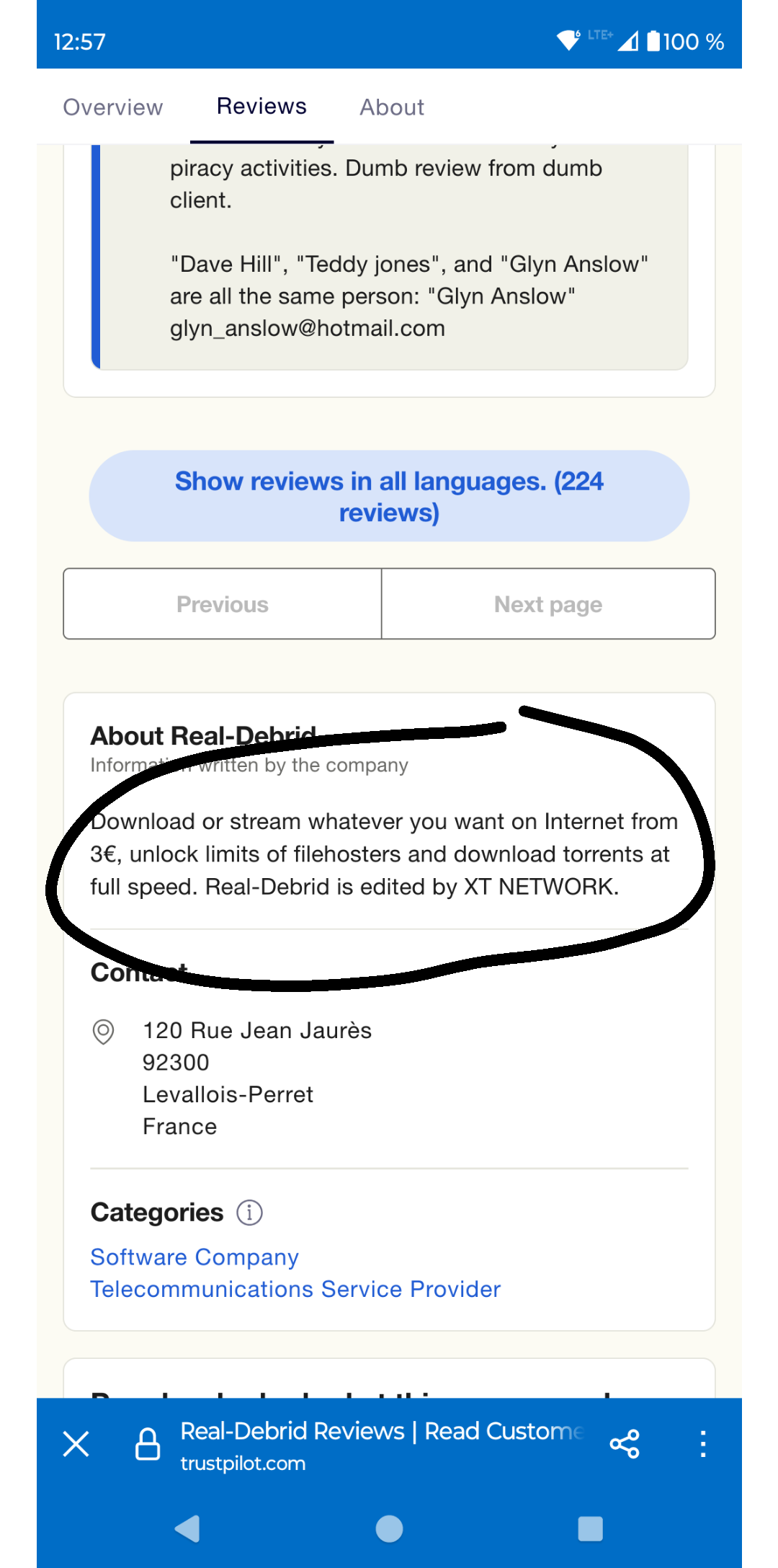 Screenshot of RealDebrid's Description on TrustPilot
