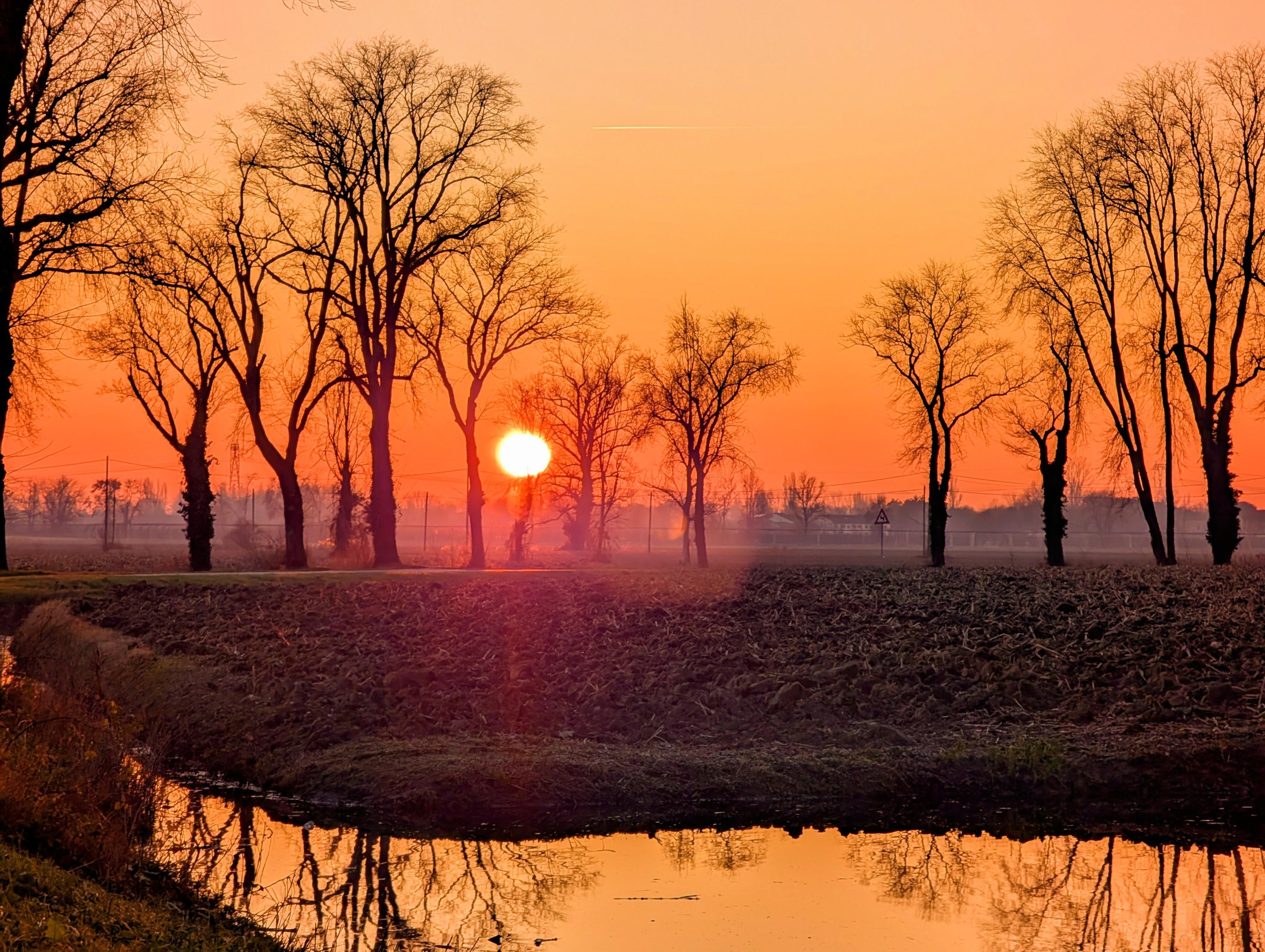 As the year wanes, the sky ignites in shades of orange, heralding the penultimate sunset of 2024. The sun, low on the horizon, casts a warm glow that reflects off the quiet stream, while the barren trees stand like sentinels, marking the passage of time as the year prepares to close.