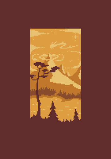 pixel art of a mountain with circular clouds around it, a dragon in the clouds, lake and forest below