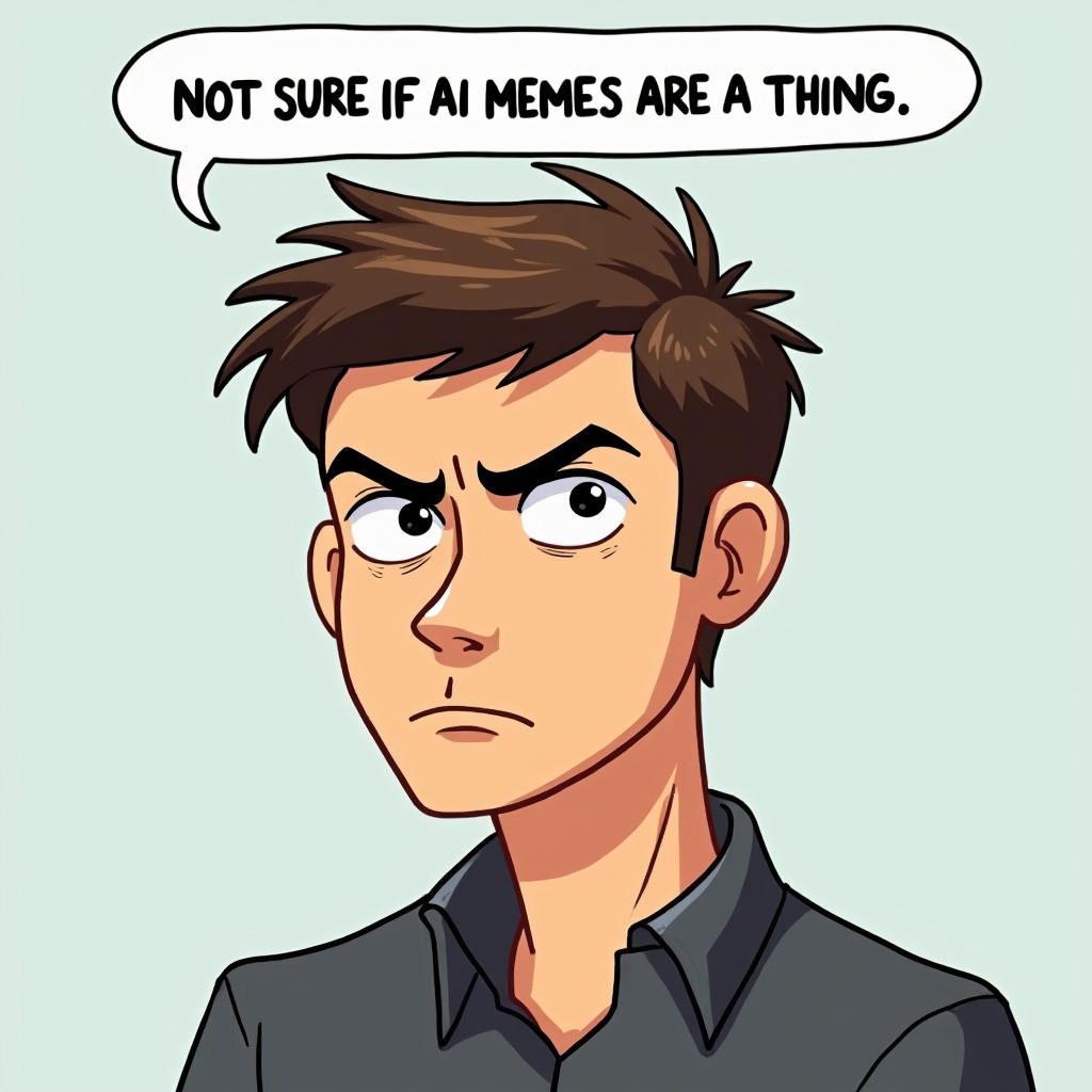 portrait of a cartoon man squinting his eyes skeptically at the camera. Text at the top that says, "NOT SURE IF AI MEMES ARE A THING"