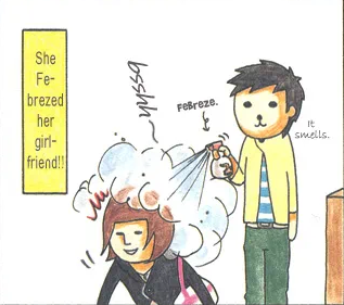 A woman spraying her girlfriend with an air freshener. The narration says, "She Febrezed her girlfriend!!"