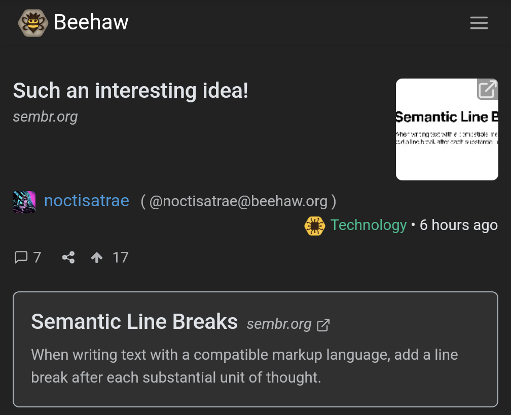 screenshot of this post in web UI showing the text "Semantic Line Breaks When writing text with a compatible markup language, add a line break after each substantial unit of thought." under the post