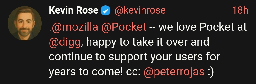 .@mozilla @Pocket -- we love Pocket at @digg, happy to take it over and continue to support your users for years to come! cc: @peterrojas :)