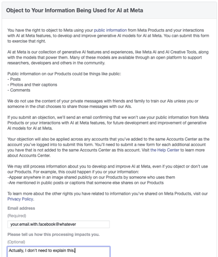 Facebook form for objecting your information being used for AI training.