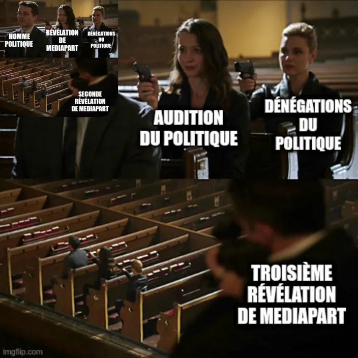 Double "Assassination chain" meme en rapport aux révélations de Médiapart sur les mensonges du 1er ministre