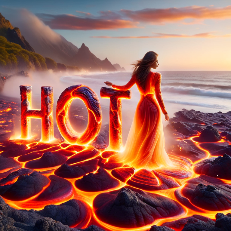 Image of a woman wearing a dress made of lava standing next to a sign made out of the same lava that says, 'hot'