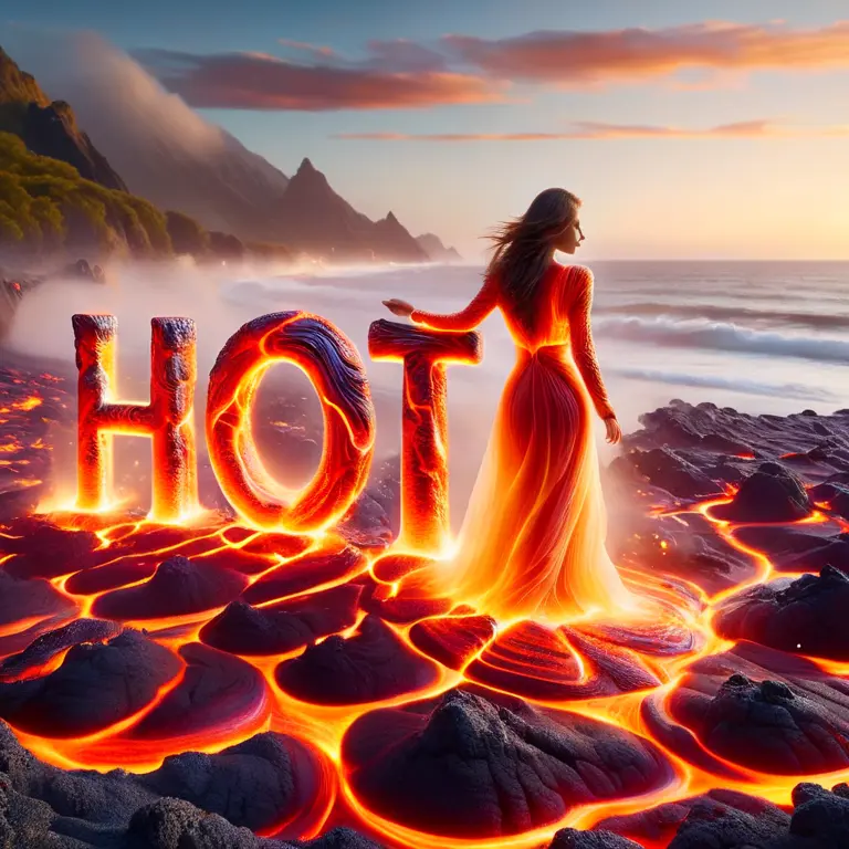 Image of a woman wearing a dress made of lava standing next to a sign made out of the same lava that says, &#39;hot&#39;