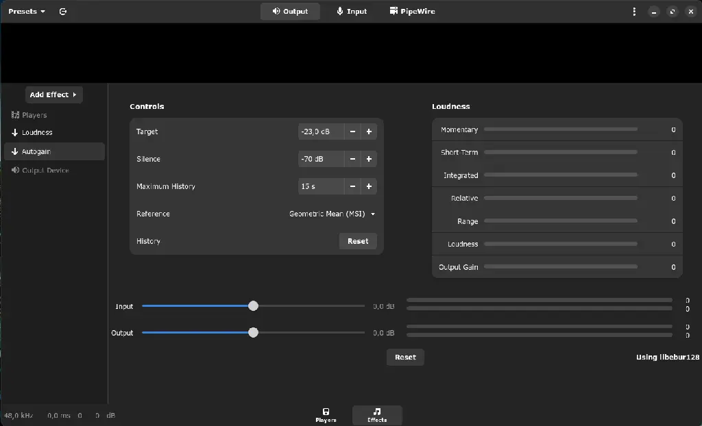 AI Generated alt-text: A screenshot of EasyEffects. The layout is divided into sections. On the left, there are controls for &quot;Loudness&quot; and &quot;Autogain&quot;, each collapsible. There is also a setting for the &quot;Output Device&quot;. The central panel titled &quot;Controls&quot; contains settings for &quot;Target&quot;, &quot;Silence&quot;, &quot;Maximum History&quot;, &quot;Reference&quot;, and &quot;History&quot;. Each has adjustable parameters like decibel levels and time settings. The right panel, titled &quot;Loudness&quot;, has sliders for various loudness metrics such as &quot;Momentary&quot;, &quot;Short-Term&quot;, &quot;Integrated&quot;, &quot;Relative&quot;, &quot;Range&quot;, &quot;Loudness&quot;, and &quot;Output Gain&quot;. All sliders are currently set to zero. Below, there are simple input and output level meters displaying &quot;0,0 dB&quot;. At the bottom left corner, it shows the audio properties: &quot;48,0 kHz, 0,0 ms 0 0 dB&quot;. The bottom right corner indicates the software is &quot;Using libebur128&quot;.