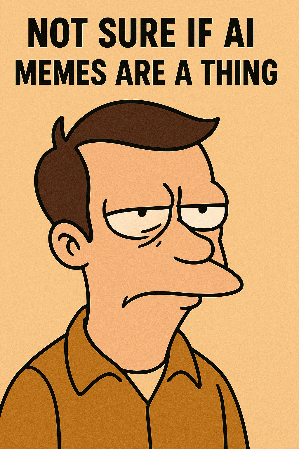 portrait of a cartoon man squinting his eyes skeptically at the camera. Text at the top that says, "NOT SURE IF AI MEMES ARE A THING"