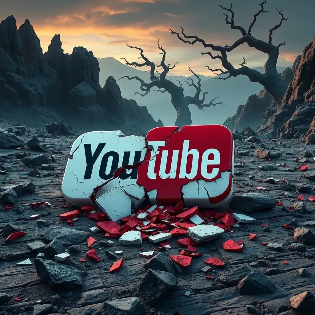 Das YouTube-Logo liegt zerstört und vergessen in einer Ödlandschaft.