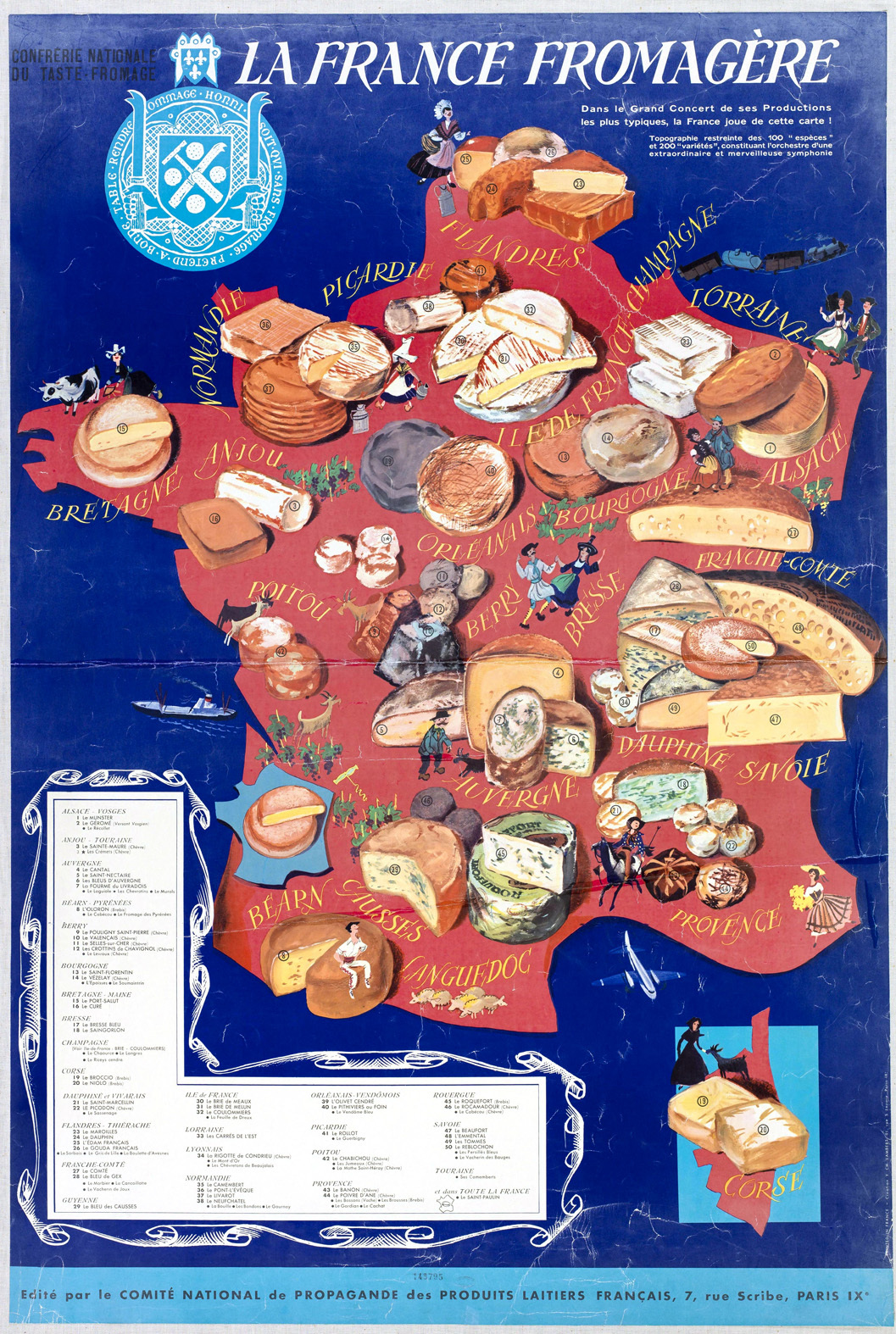 Carte de la France Fromagère réalisée en 1957. On y voit de nombreux types de fromages apposées sur une carte de la France rose.