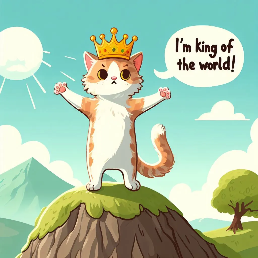 AI generated photo of a cat saying &quot;I&#39;m king of the world!&quot;