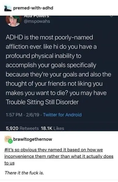 Twitter post from Ada Powers @mspowahs  ADHD is the most poorly-named affliction ever. like hi do you have a profound physical inability to accomplish your goals specifically because they're your goals and also the thought of your friends not liking you makes you want to die? you may have Trouble Sitting Still Disorder  1:57 PM - 2/6/19   5,920 Retweets 18.1K Likes  Reply from brawltogethernow   #it’s so obvious they named it based on how we inconvenience them rather than what it actually does to us   There it the fuck is.