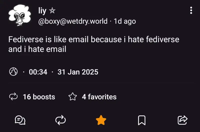 Liy on Mastodon: "Fediverse is like email because i hate fediverse and i hate email".