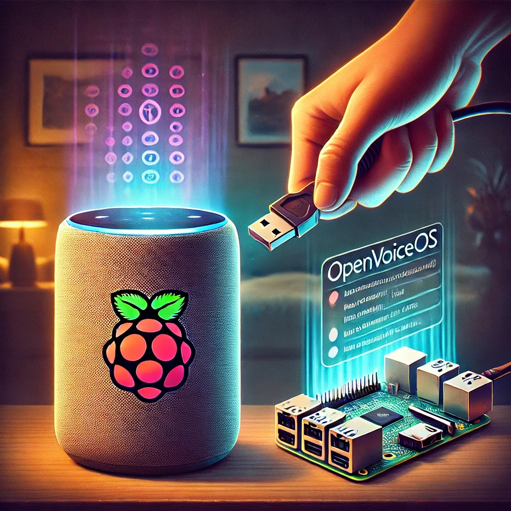 RaspberryPi, der mit OpenVoiceOS bespielt ist. Daneben steht eine Lautsprecher-Box, die von jemandem mit einem USB-Kabel verbunden wird.