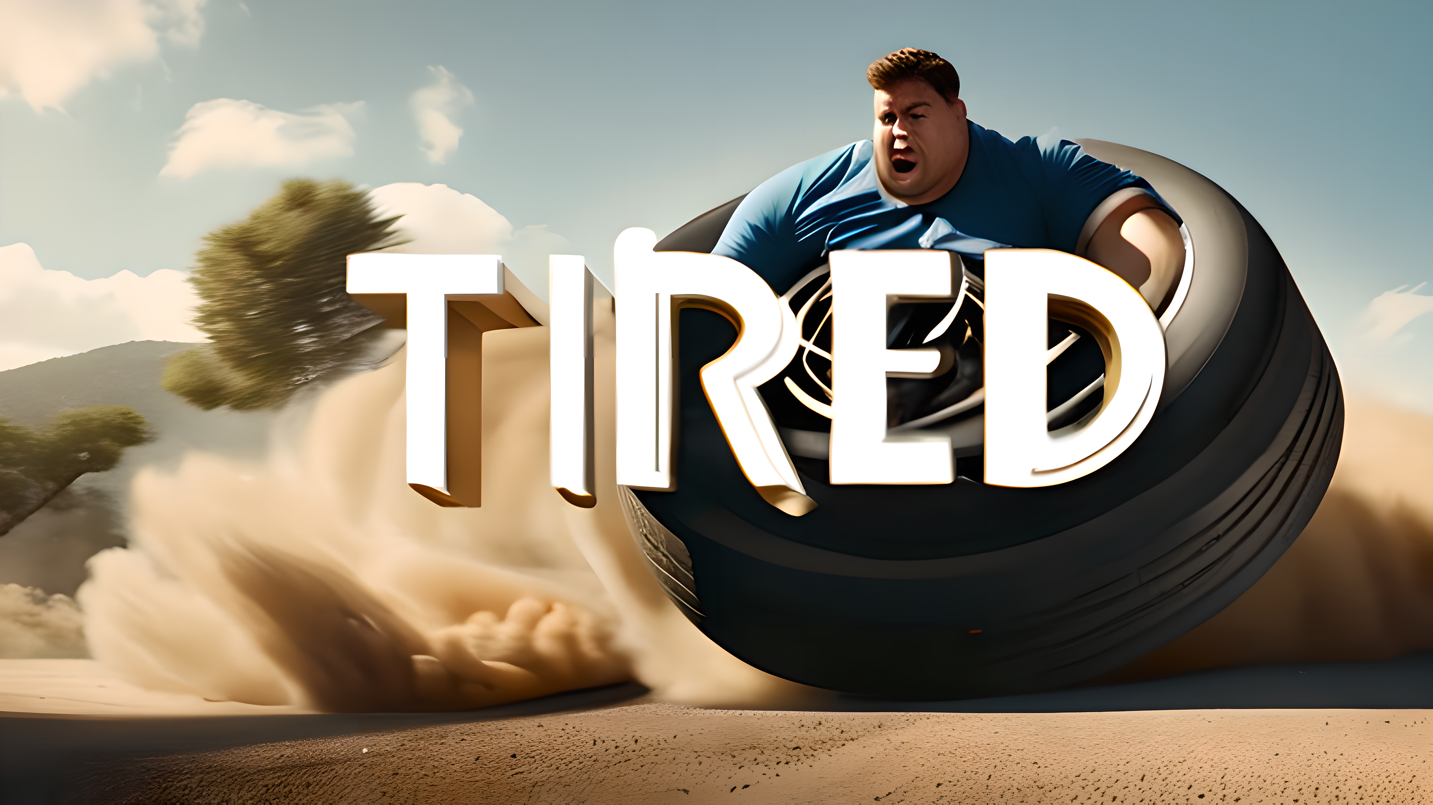 fat man stuck in a tire fiercely rolling down a road with the caption, "TIRED"