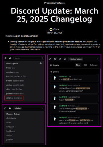 discord changelog page showing the addition of a religion search feature where people can search for messages matching a religion of their choice
