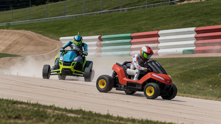 Robots wearing rally uniforms driving lawn mowers at high speed around a dirt hill track