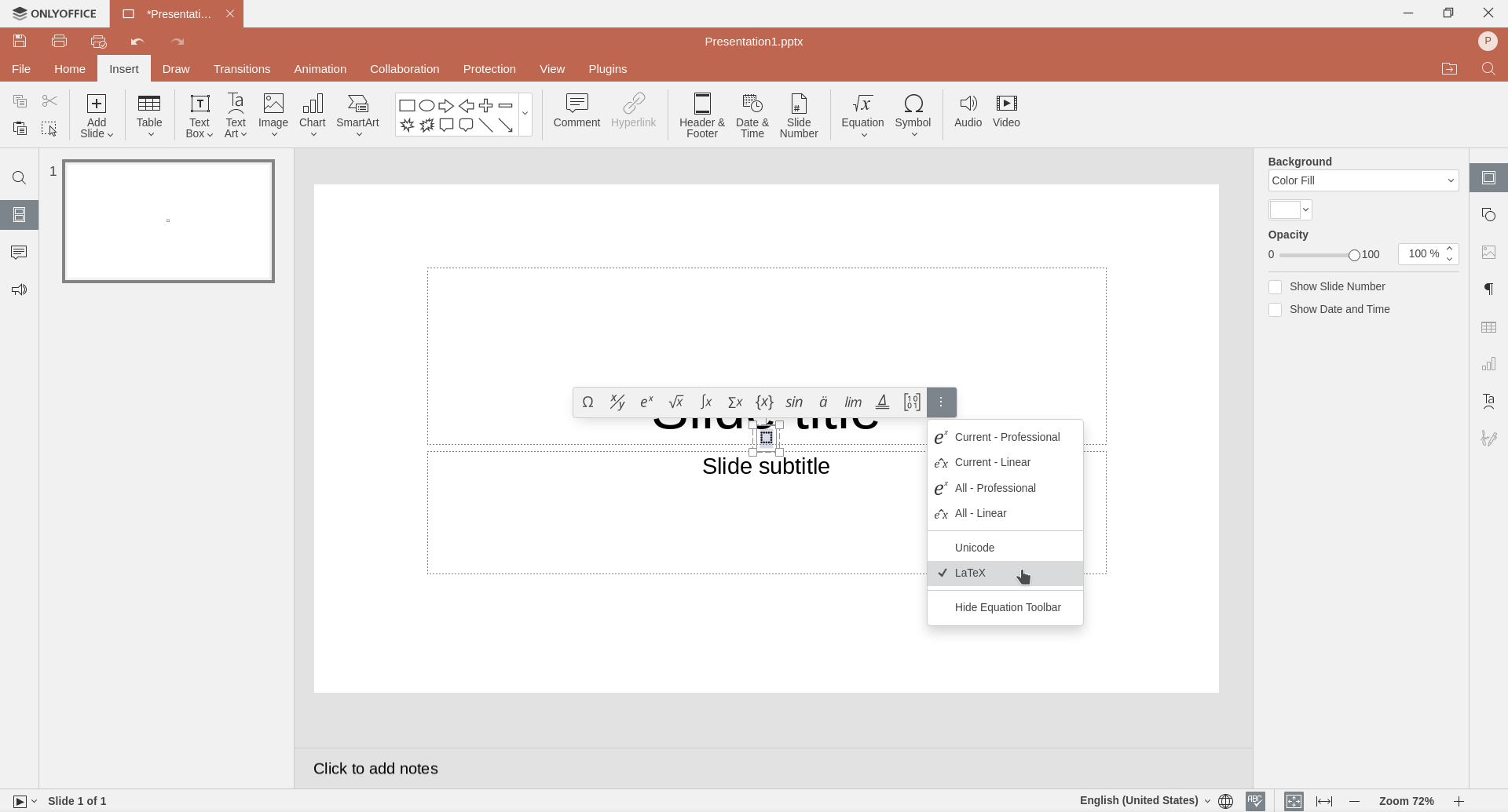 Screenshot of OnlyOffice's LaTeX option