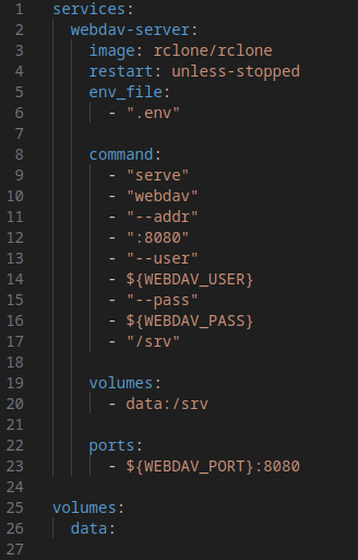 Docker Compose File:
services:
  webdav-server:
    image: rclone/rclone
    restart: unless-stopped
    env_file:
      - ".env"

    command:
      - "serve"
      - "webdav"
      - "--addr"
      - ":8080"
      - "--user"
      - ${WEBDAV_USER}
      - "--pass"
      - ${WEBDAV_PASS}
      - "/srv"

    volumes:
      - data:/srv

    ports:
      - ${WEBDAV_PORT}:8080

volumes:
  data:
