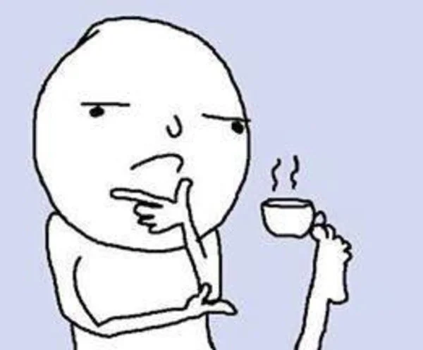 a reaction face featuring a man striking a typical thinking pose with both hands, while holding a tea cup with his left foot