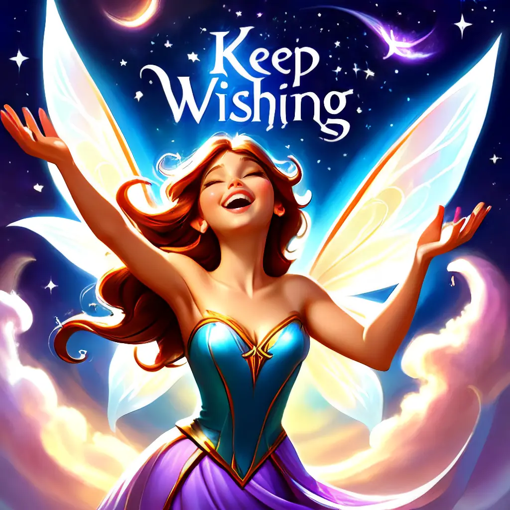 Laughing fairy holding her hands in the air under the text, &quot;Keep Wishing!&quot;