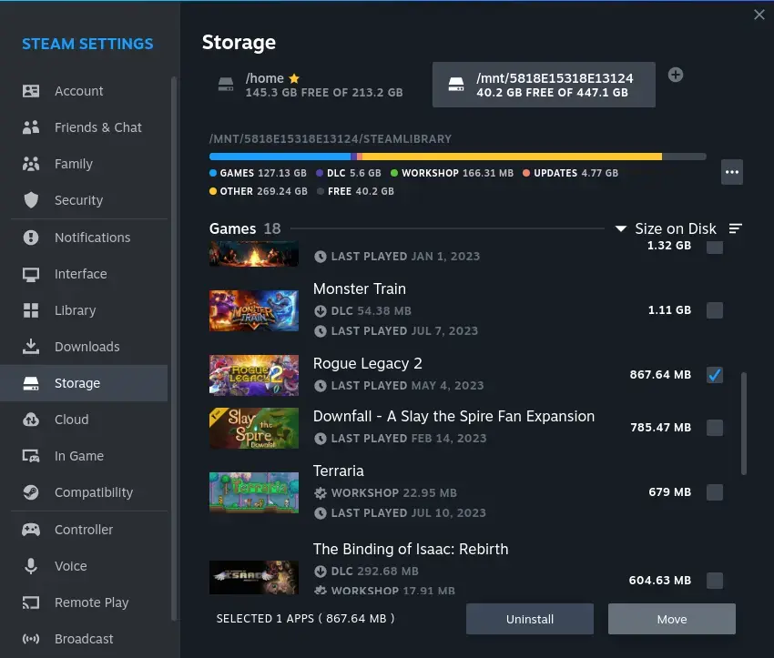 Screenshot of moving games on Steam