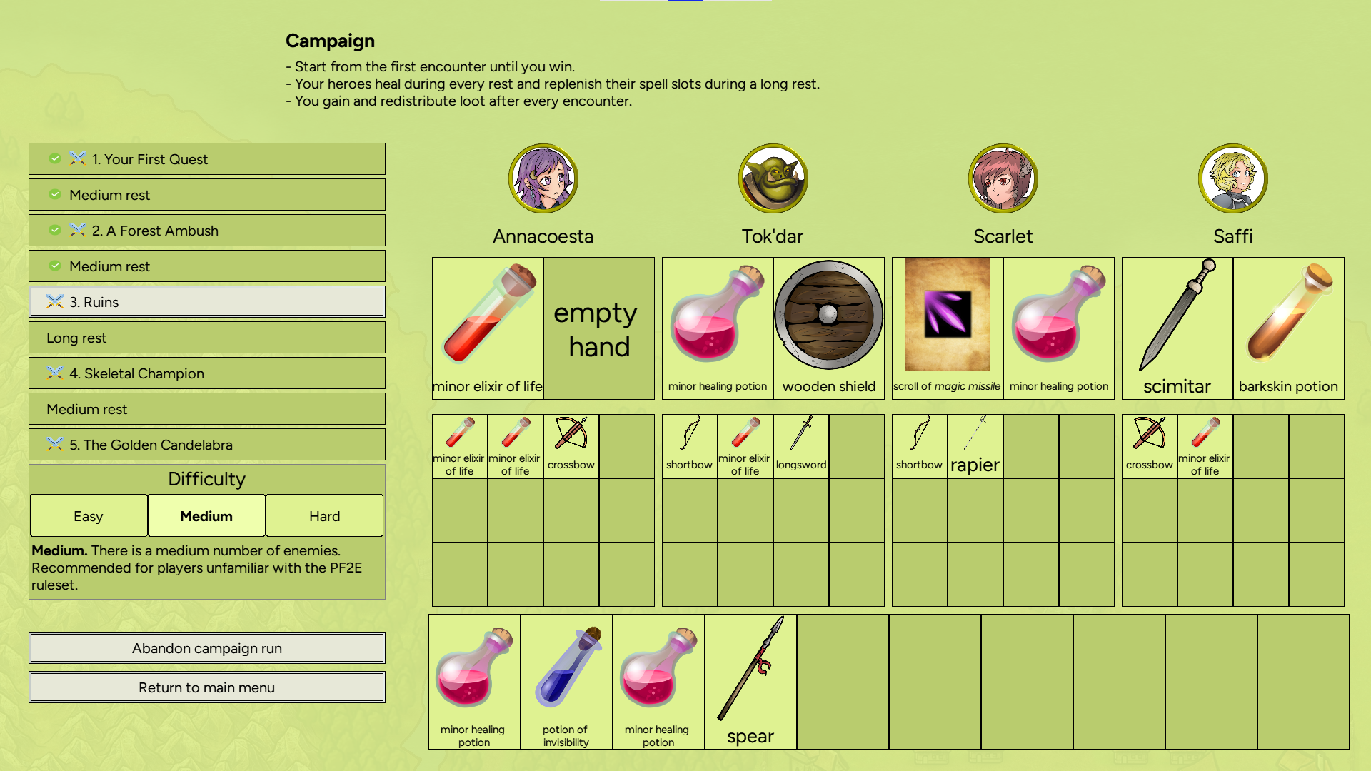 An inventory screen from Dawnsbury Days