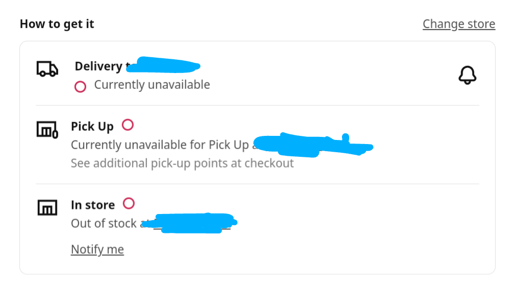 unavailable for delivery, pickup, and out of stock