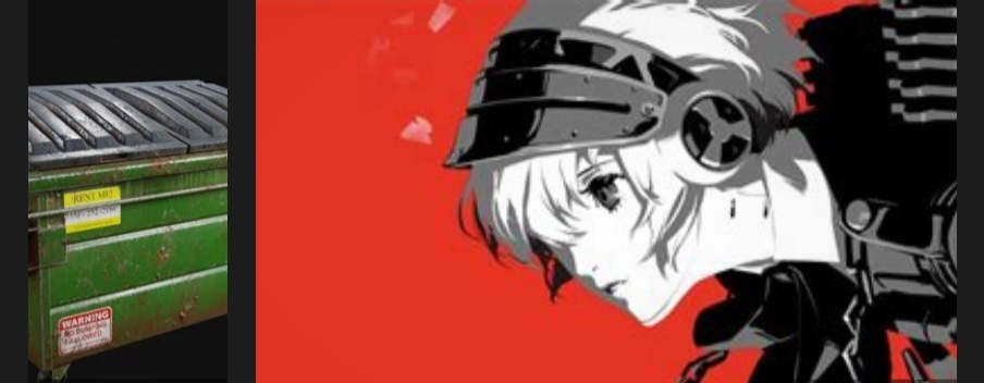 Aigis making eyes at a dumpster