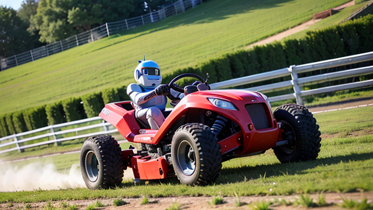 A robot racing a riding lawn mower across a dirt track