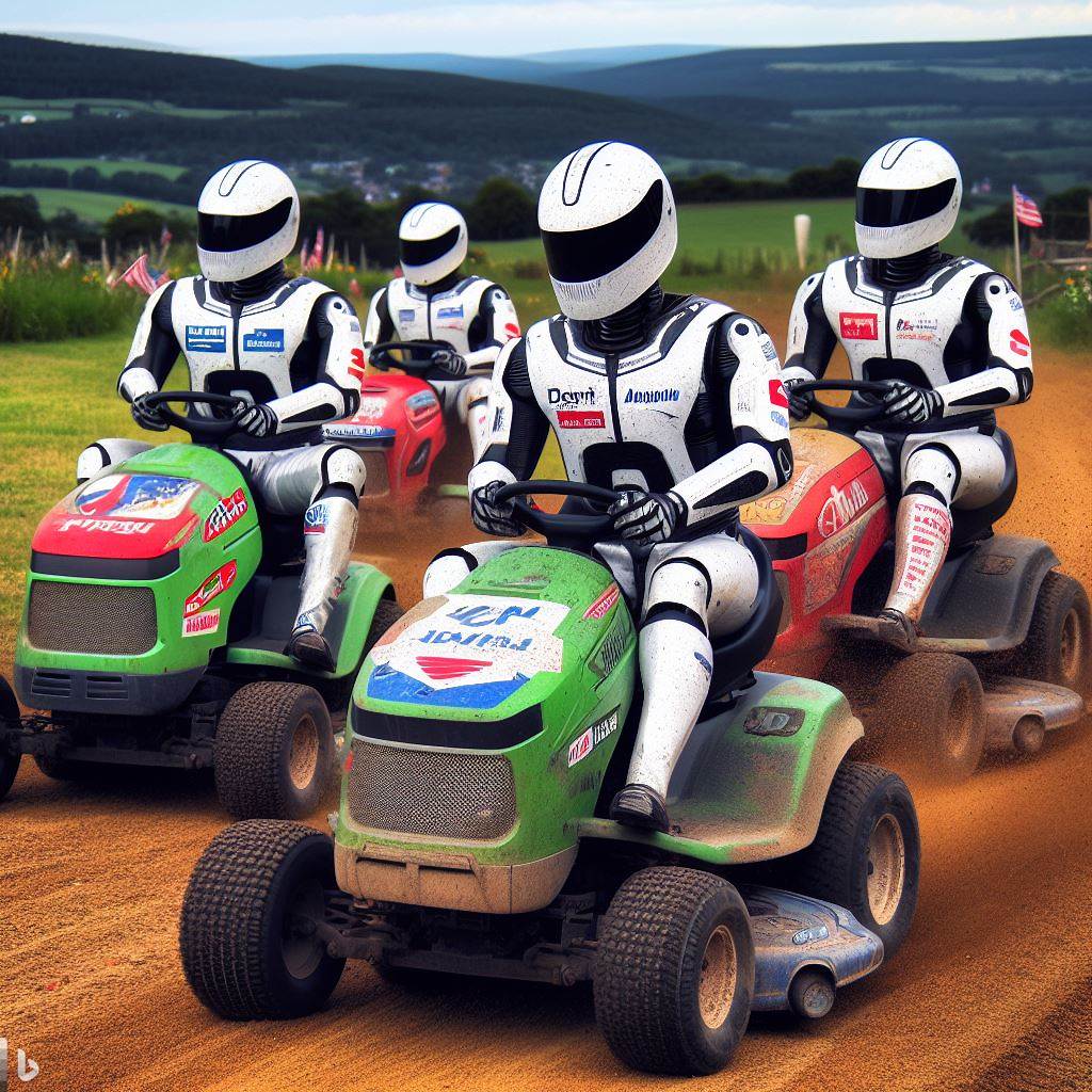 robots driving lawn mowers in a rally race