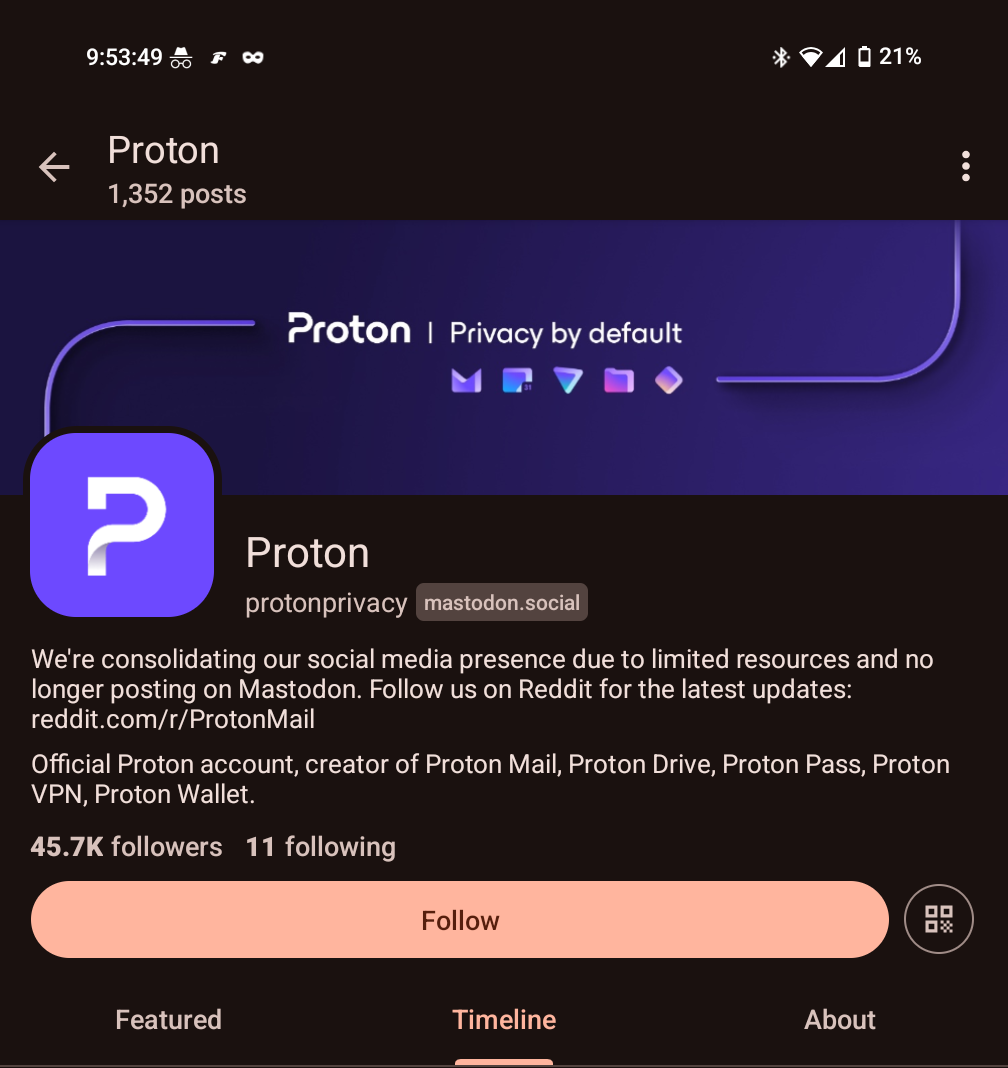 ProtonPrivacy Mastodon - 45.7k followers