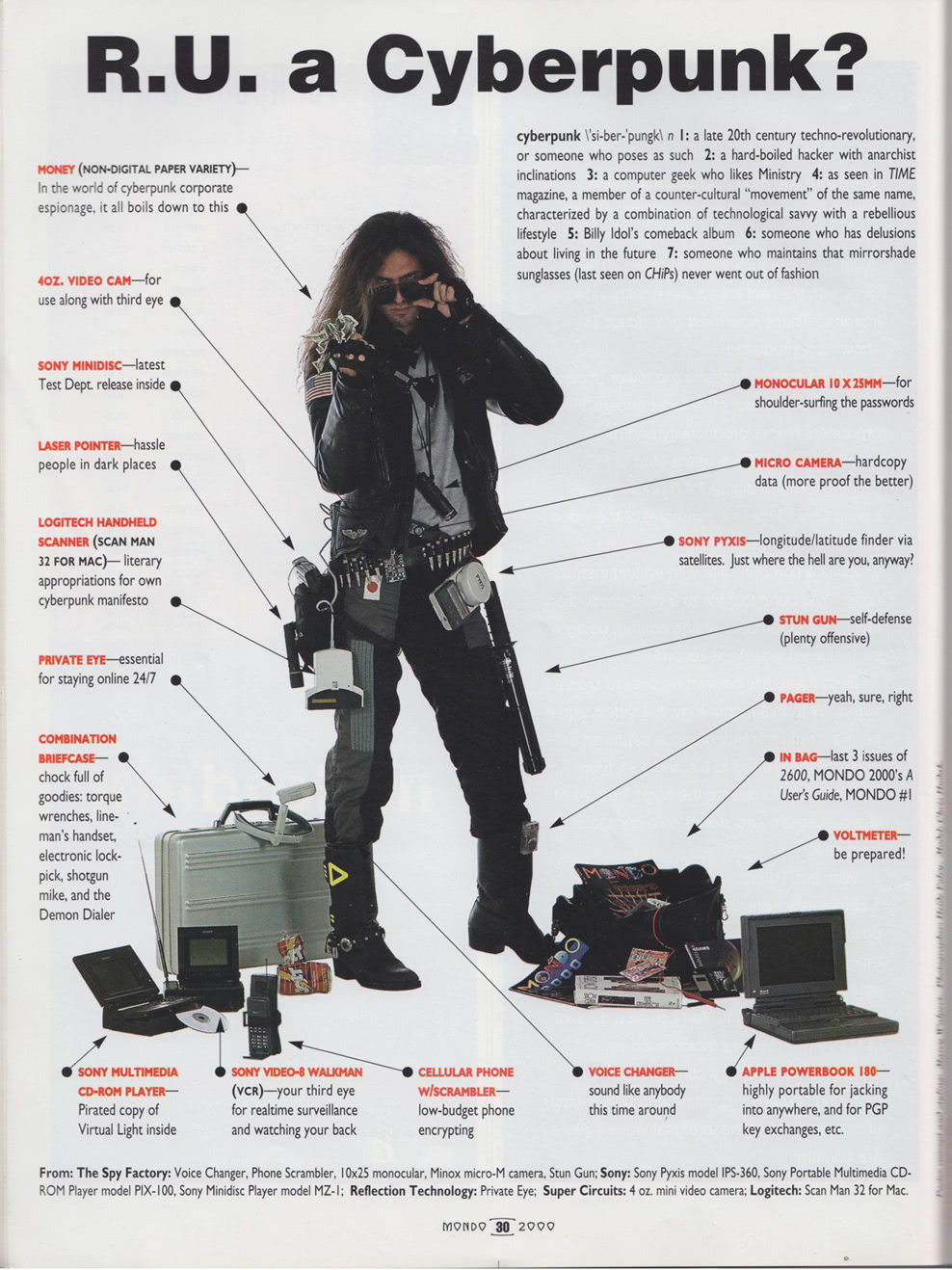 A page from a Mondo magazine from the early 2000's. It's a picture of a man with long hair, equipped with several technological gadgets of the time, such as Logitech Handheld Scanner, a voltimeter, a stun baton and more.