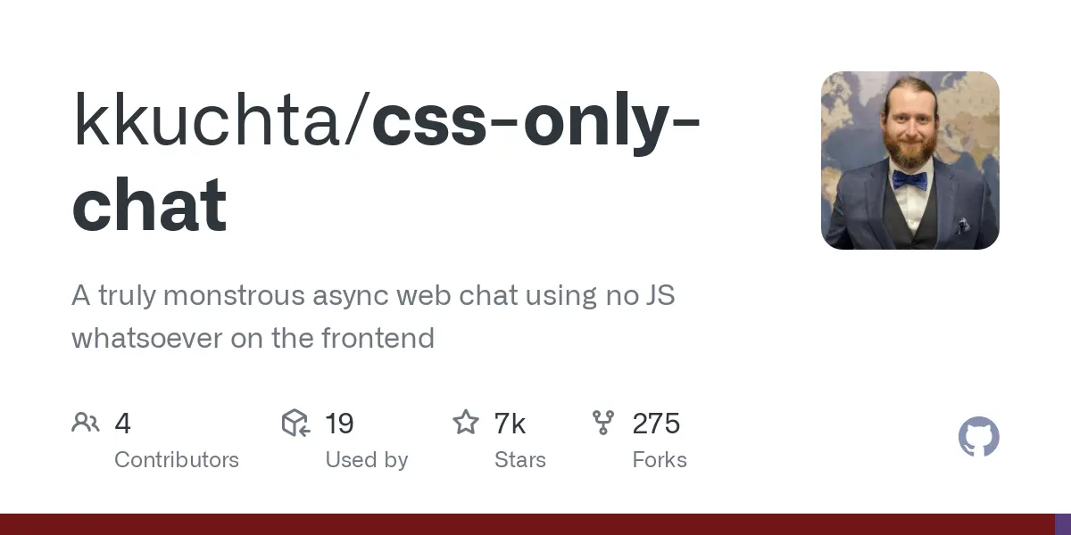 GitHub - kkuchta/css-only-chat: A truly monstrous async web chat using no JS whatsoever on the frontend