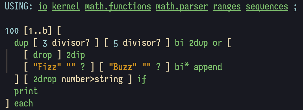 Syntax Highlighted Fizz Buzz in Factor