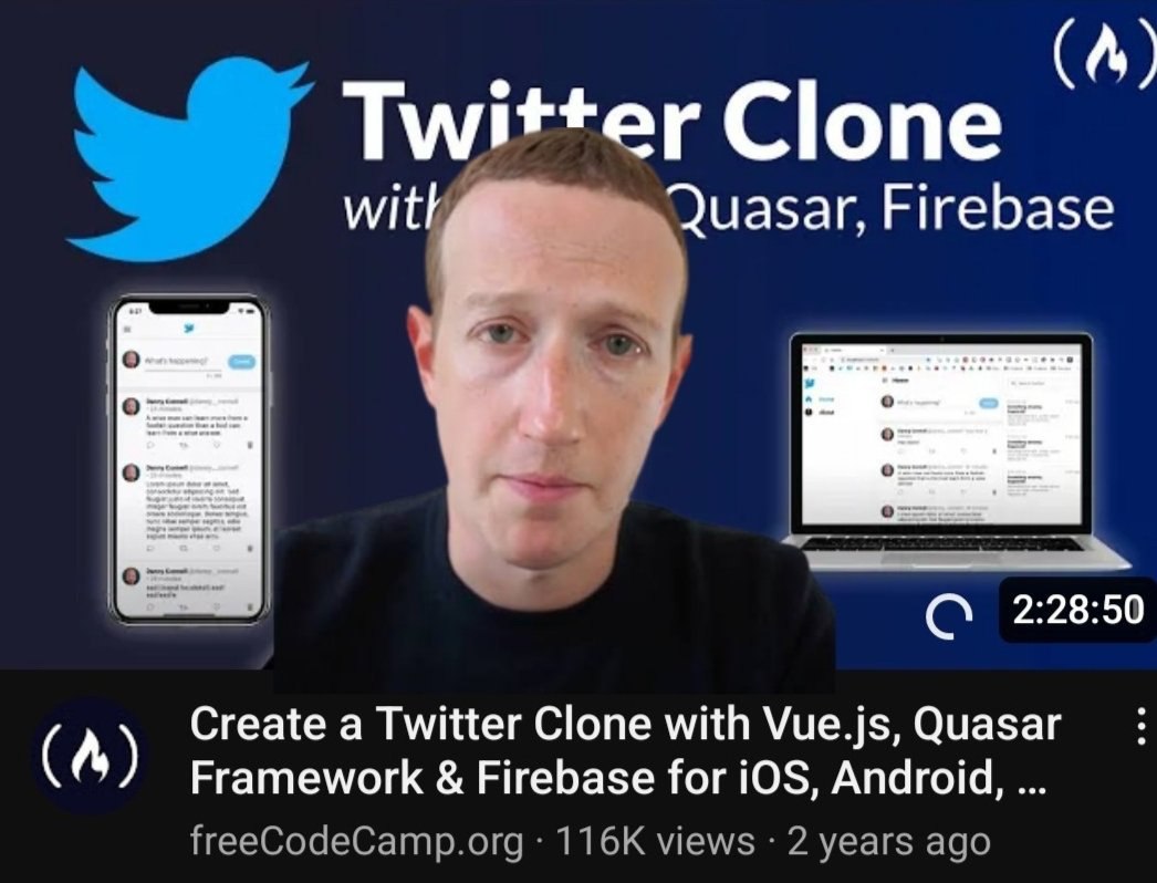 YouTube thumbnail of Zuckerberg teaching to create Twitter's clone.