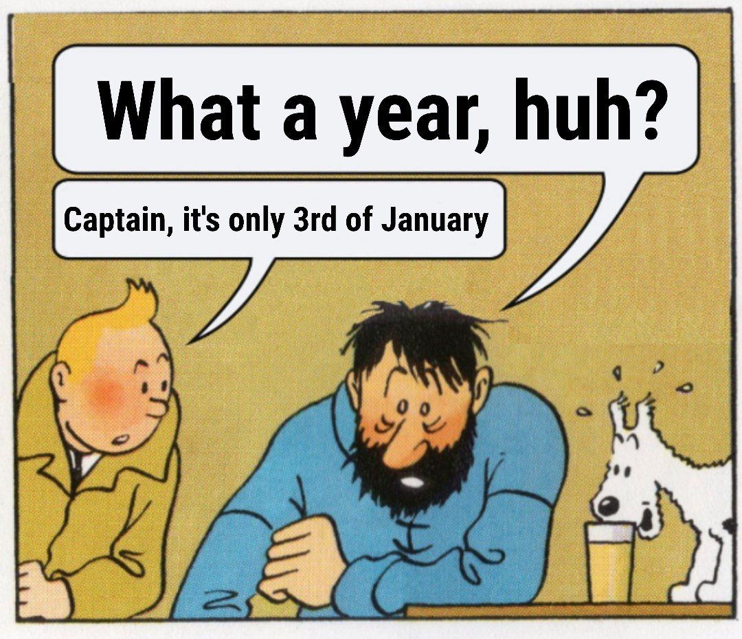 depicted are Tintin and the drinking captain, the captain says "what a year, huh?", Tintin replies with "Captain, it's only 3rd of January"