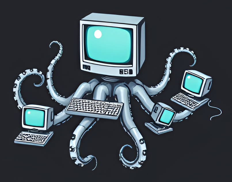 Metal mechanical octopus with a computer monitor for its head holding a keyboard and smaller computers in its tentacles.