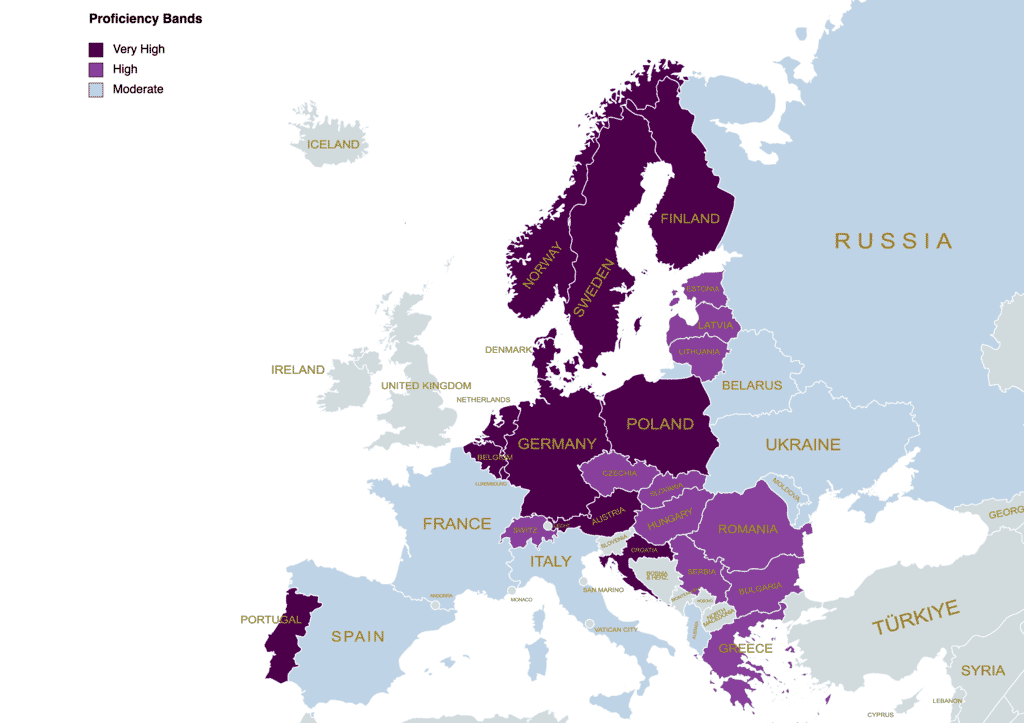 English proficiency map showing more than half of Europe has moderate average proficiency in English