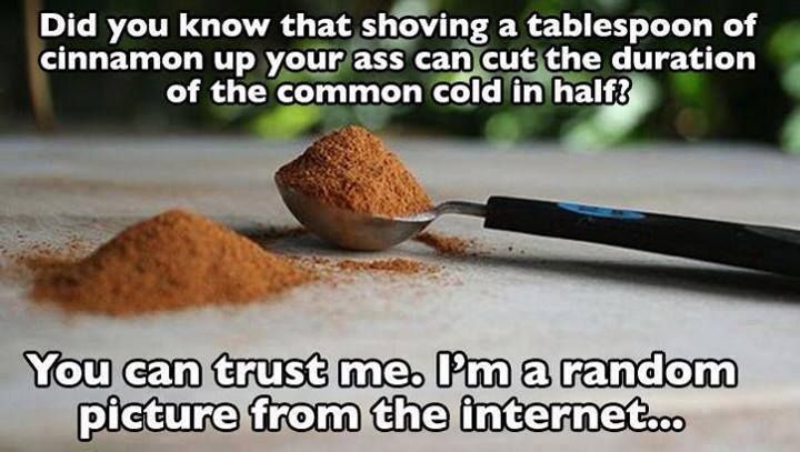 depicted is a huge spoon of cinnamon with a text "Did you know that shoving a tablespoon of cinnamon up your ass can cut the duration of the common cold in half? Trust me. I'm a random picture from the internet…"