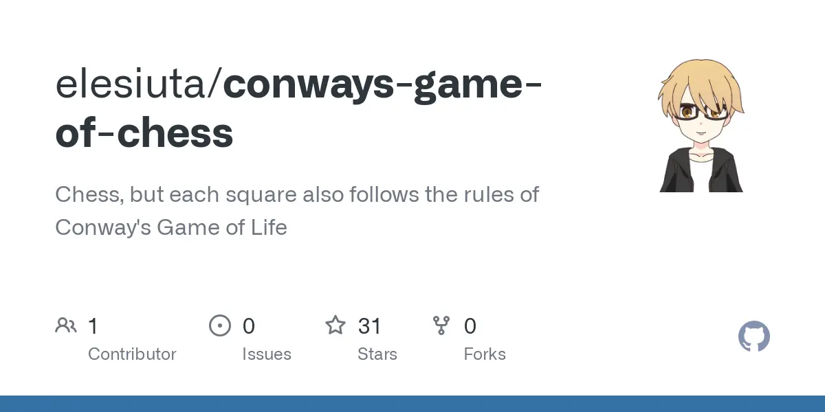 GitHub - elesiuta/conways-game-of-chess: Chess, but each square also follows the rules of Conway's Game of Life