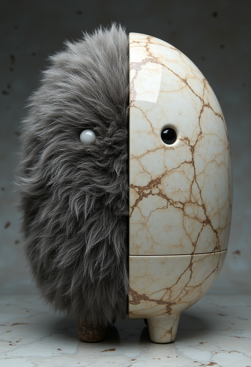 A unique oval-shaped object that is a combination of a ceramic piece and a furry creature. The ceramic part has a marbled with a crackled texture and a single black eye, while the other is covered with thick, shaggy gray fur that obscures any other features apart from its white eye and small wooden foot. The background is a white marble surface, which helps to emphasize the object's unique and contrasting textures and colors. 