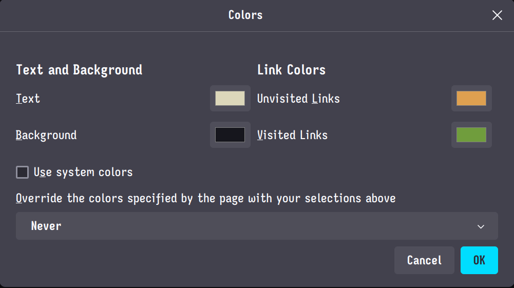 Firefox Preferences -- Manage Colors