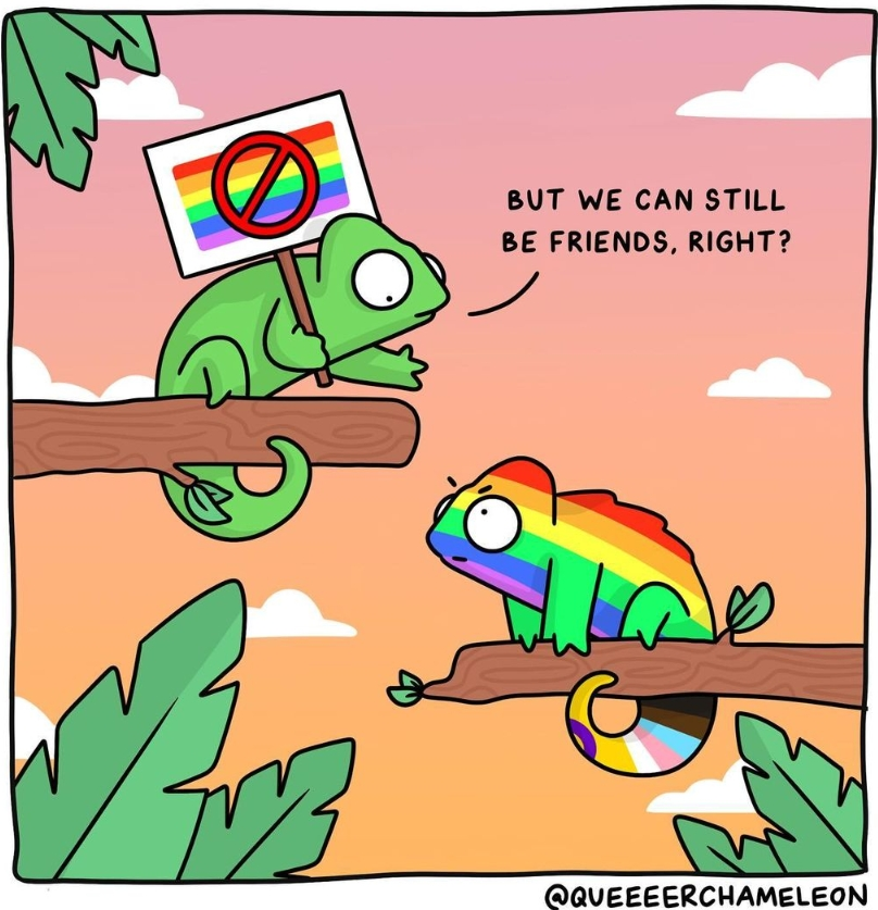 A chameleon holding a sign with a pride flag and an X through it asking &quot;but we can still be friends, right?&quot; to a chameleon in the pride colors.