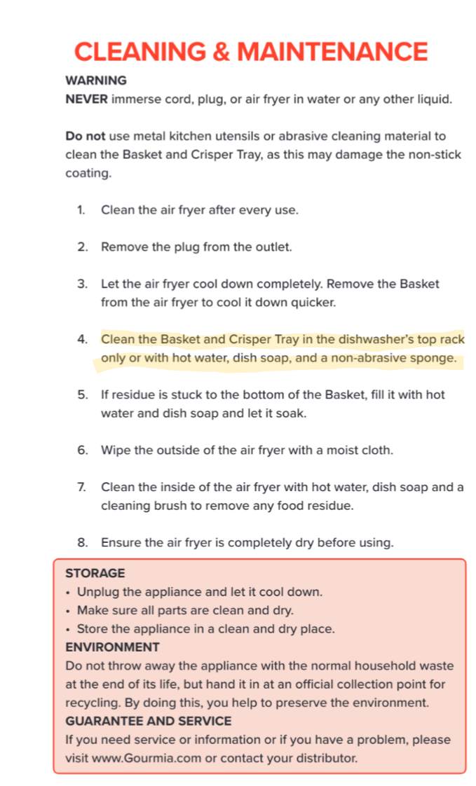 Screenshot of my manual saying to use the top rack of the dishwasher.