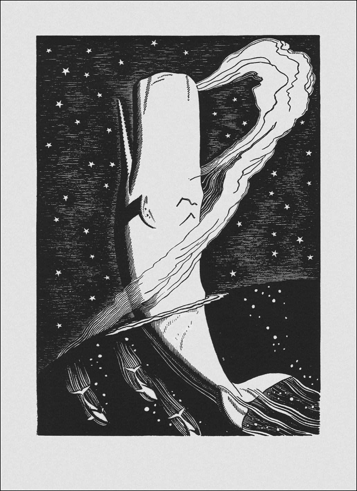 Woodblock print by Rockwell Kent of a whale breaching on a starry background.